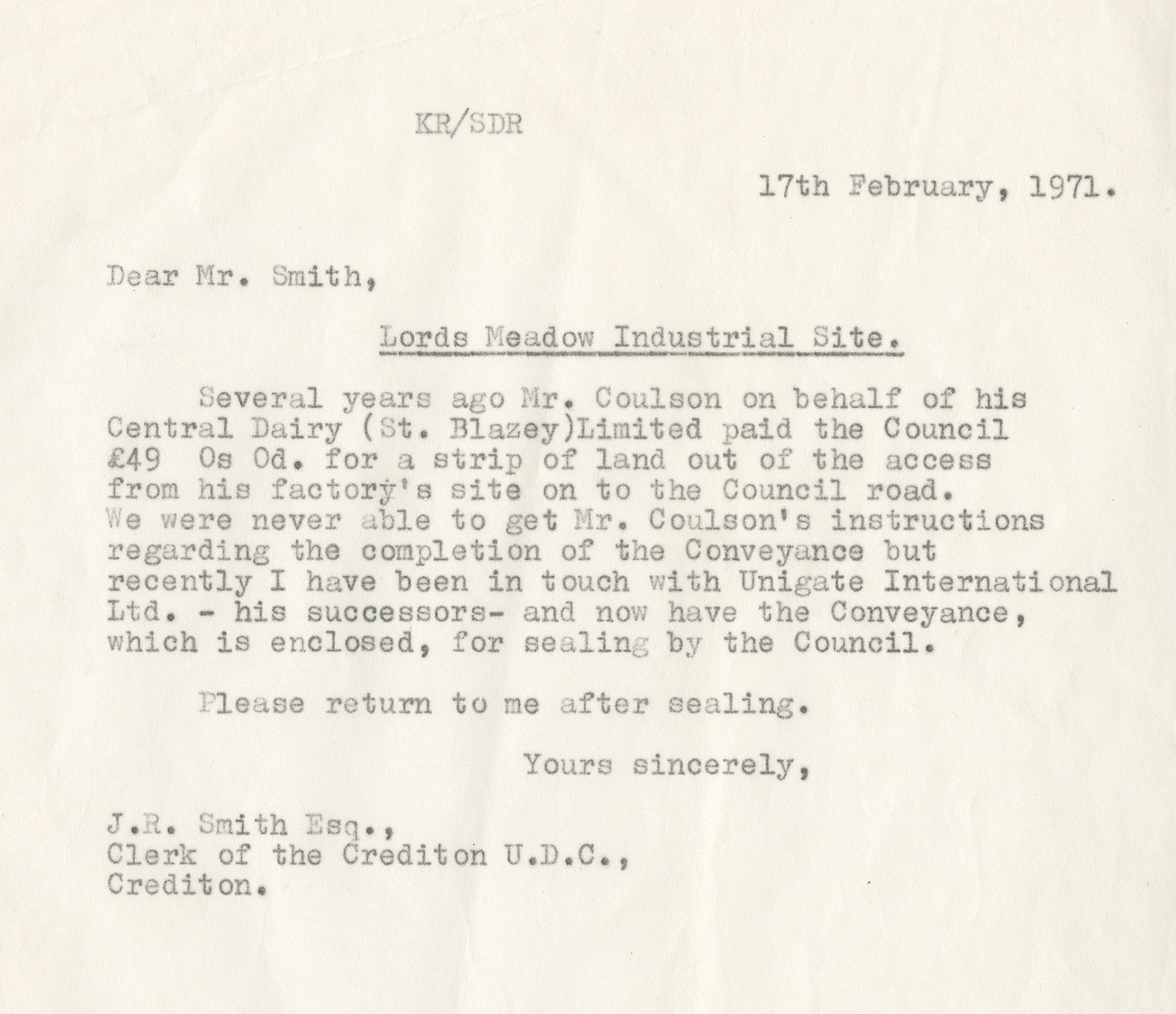 1971 Correspondence with Crediton Council regarding access to creamery site(Courtesy Crediton Museum)