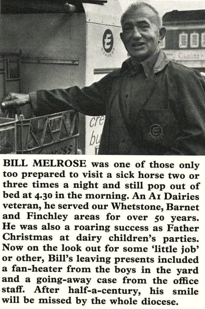 1976 Bill Melrose retires after 50 years at A1 Dairies, Whetstone, Barnet and Finchley. (Express News Christmas)