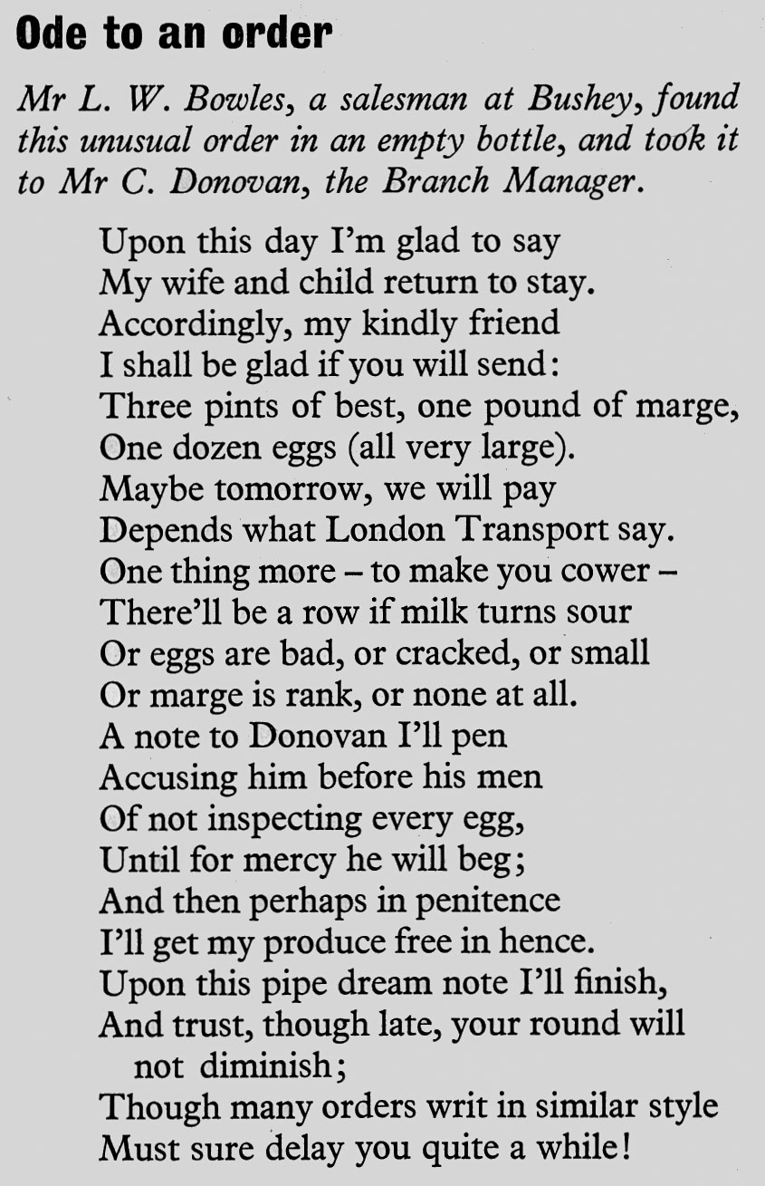 1956 L.W. Bowles from Bushey found this milk order in an empty bottle. (Express News July)