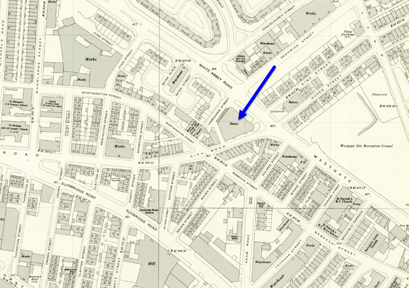 1957 New Bradford Dairy in White Abbey Road (From 1:1250  OS Map, published 1958, National Library of Scotland)