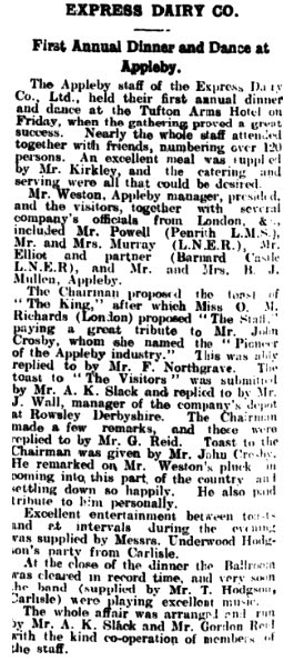 1935 Appleby-first annual dinner and dance at the Tufton Arms Hotel. (Courtesy Penrith Observer 10 November)