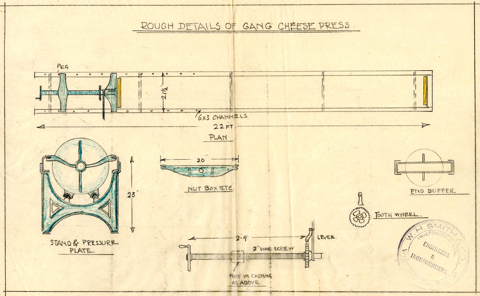 1932 Ruyton Co-operative Dairies-works carried out by W.H. Smith &amp; Co. (Whitchurch) Ltd-Sketch of proposed cheese press, 22' long.