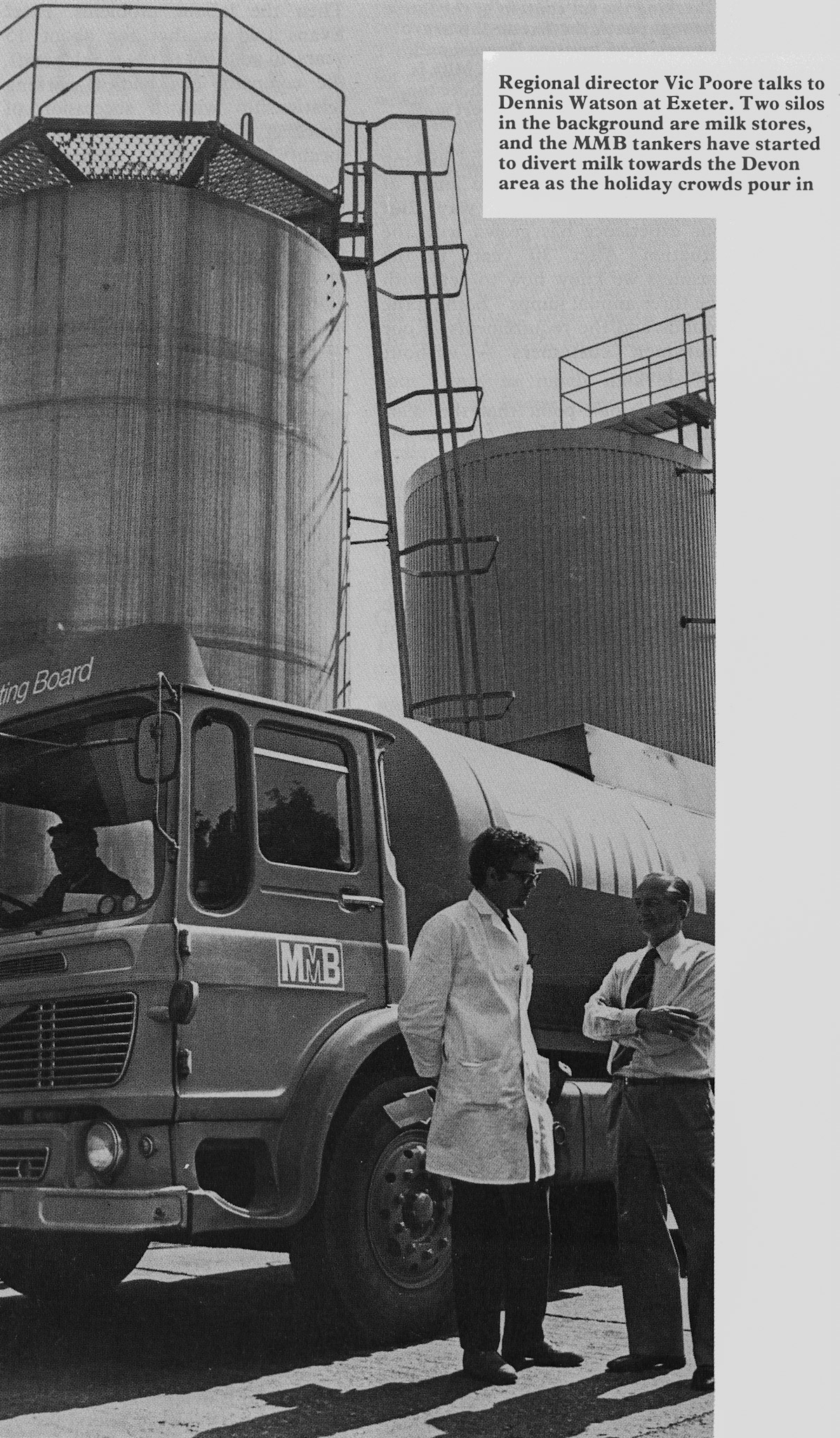 1977 Dennis Watson and Vic Poore at Exeter Processing. Jimmy Reid identifies Silos 1 and 2 in the background, and comments that when Northern/ Dale Farm took over in 1990, two more were added. (Express News Autumn)