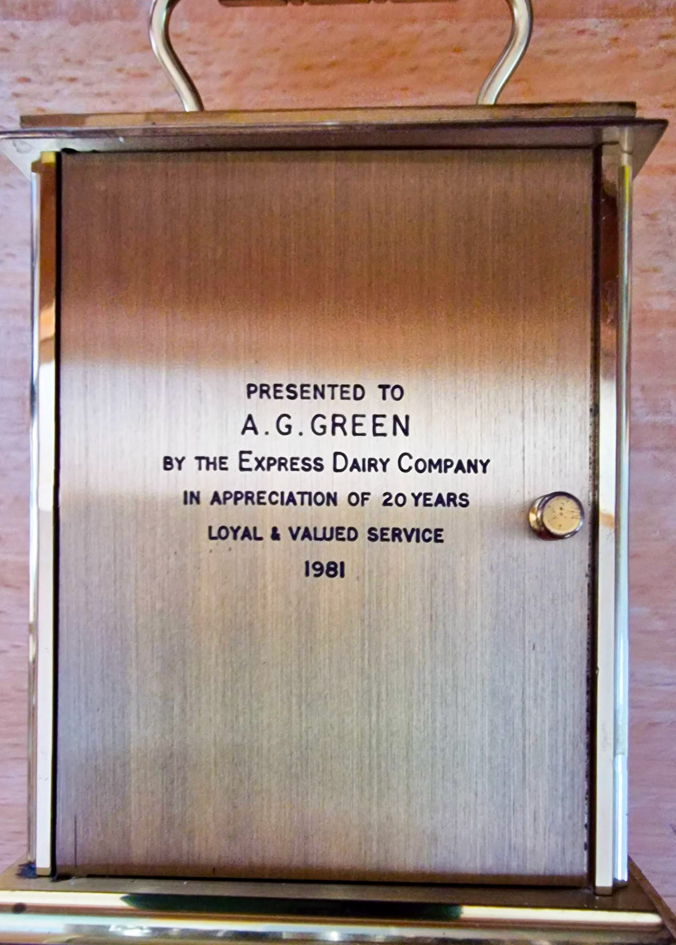 1981 Carriage Clock presented to A.G. Green for 20 years service. David John Albiston comments "Bert was a good friend of my Dad Denis. Always helping each other out and Bert was my Rota Foreman at Bromley; I learnt a lot from Bert. Thanks Mate." (Courtesy Albert Green)