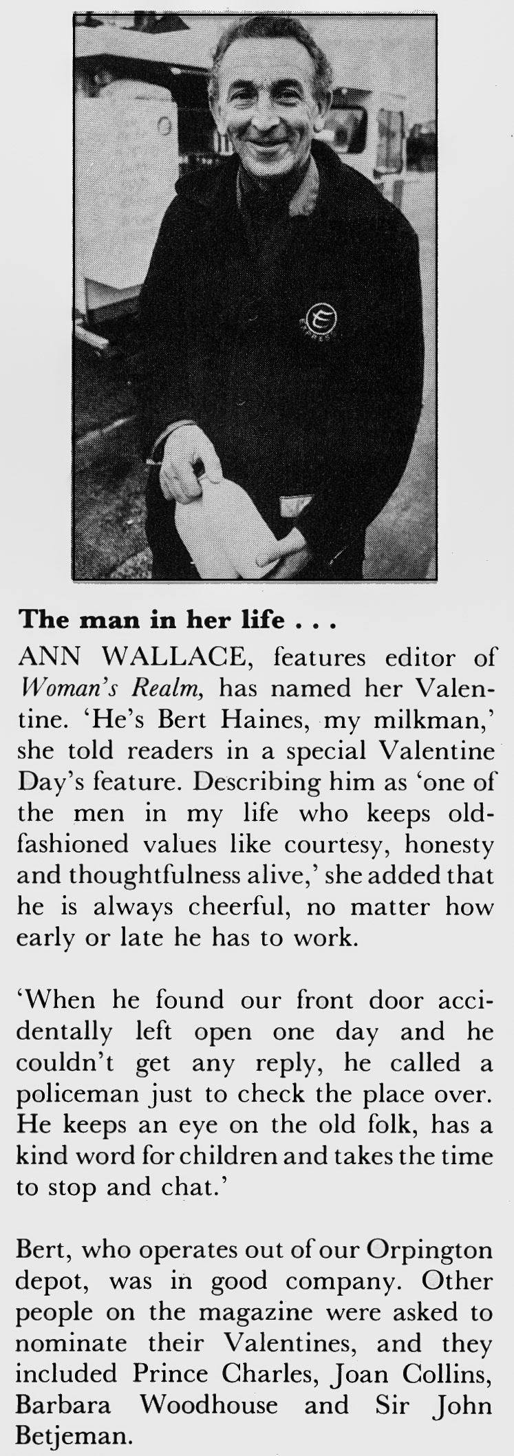 1981 Orpington milkman Bert Haines nominated as Valentine. (April Express News)
