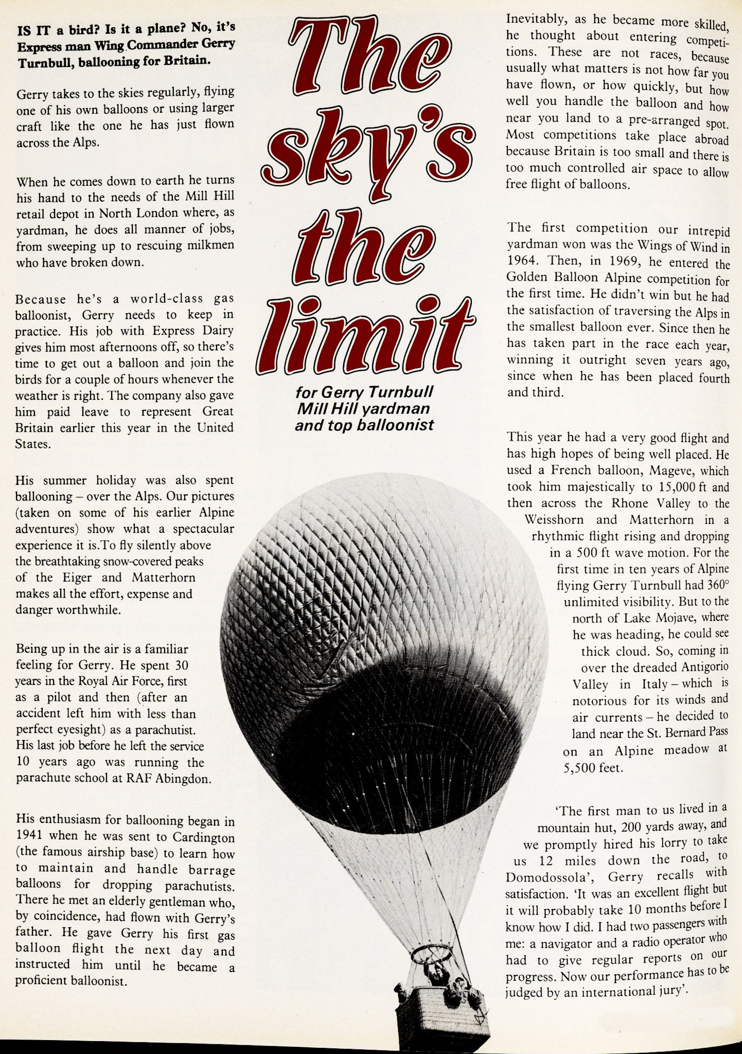 1979 Mill Hill yardman Gerry Turnbull flies at 16000 feet over the Rhone Valley. (Express News Autumn)