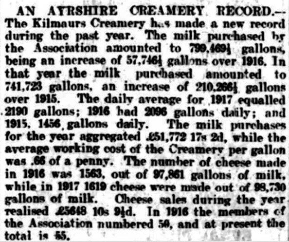 1918 Kilmaurs Creamery broke throughput record, Kilmarnock Herald and North Ayrshire Gazette 12-04-1918. (Courtesy Alan Salt)