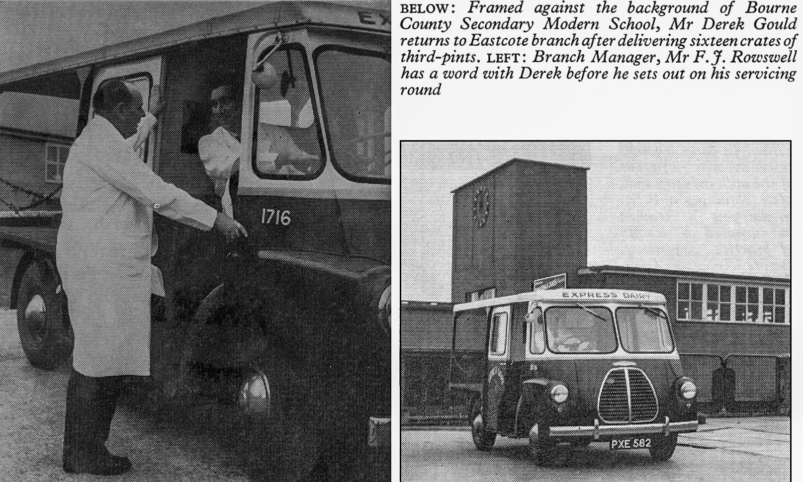 1957 Eastcote Branch supplying Bourne School with third-pints, Manager F.J. Rowswell talking to Derek Gould. (Express News March)