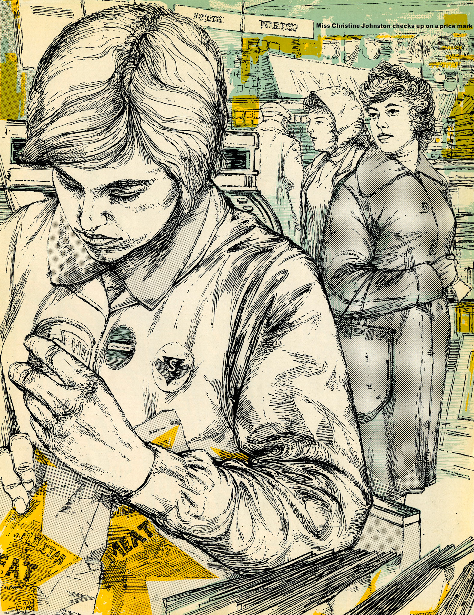 1962 Yiewsley Shop branch sketches - Miss Christine Johnson checks a price