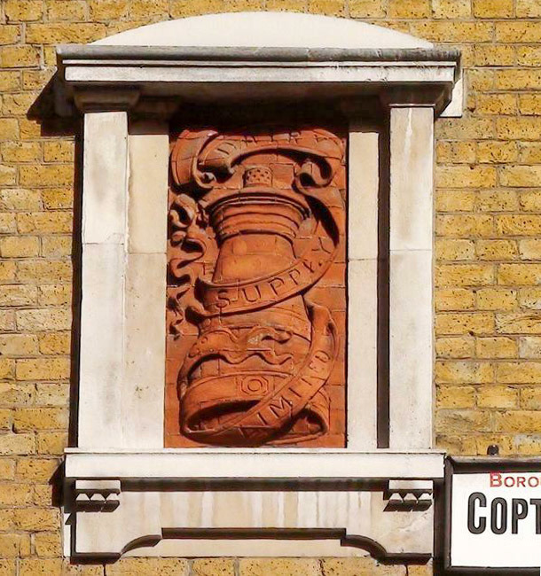 Dairy Supply Company (now Pizza Express) Architect: R.P. Wheelock. 1888. Location: 30 Coptic Street and Little Russell Street, WC1. Courtesy(Photographs and caption by Robert Freidus. Formatting and perspective correction by George P. Landow https://victorianweb.org/sculpture/architectural/92.html)