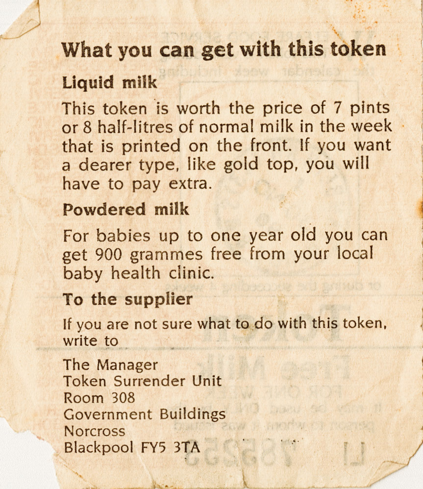1990 Welfare Milk Token from 1990, reverse side. (Courtesy Michael Aldread)