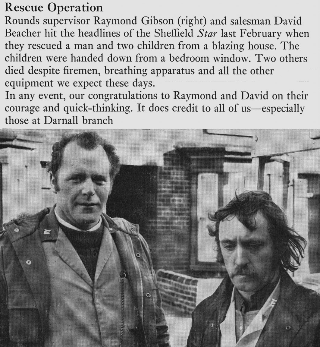 1974 Darnall, Sheffield salesman David Beacher with rounds supervisor Raymond Gibson after helping rescue a family from a blazing house. (Express News Summer)