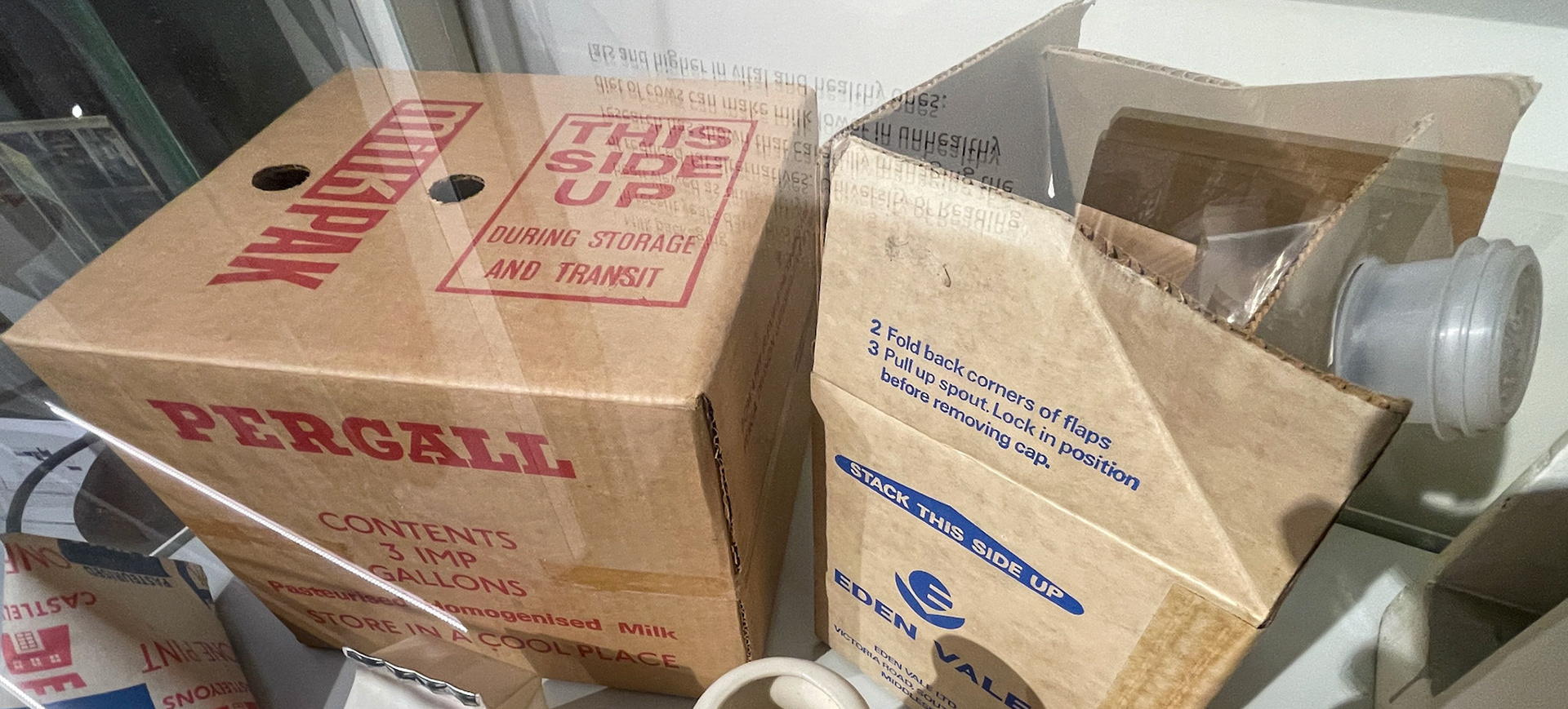 Pergall MilkPak containers at MERL, Reading. (Courtesy Museum of English Rural Life)