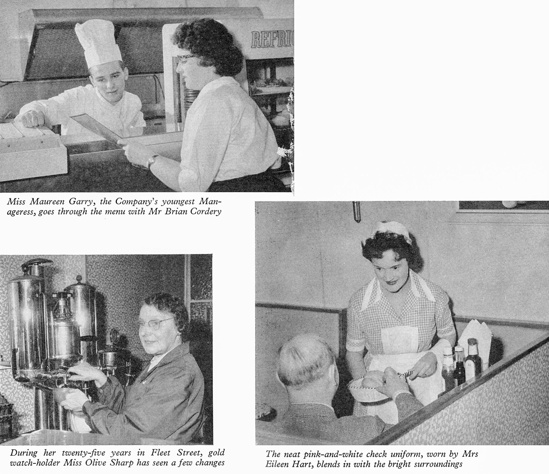 1960 Express restaurant at 131 Fleet Street, London- restaurant staff Miss Maureen Garry, Mr Brian Cordery, Miss Olive Sharp and Mrs Eileen Hart. (Express News Christmas)