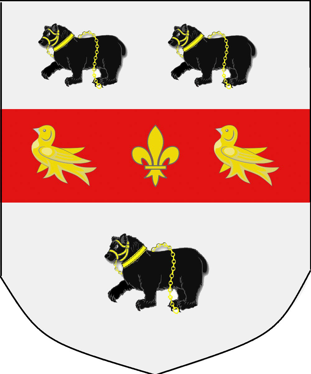 Barham Family Coat of Arms: Argent, on a fesse gules between three bears passant sable, muzzled gules, a fleur-de-lys between two martlets, all gules. (Courtesy Landed families of Britain and Ireland)