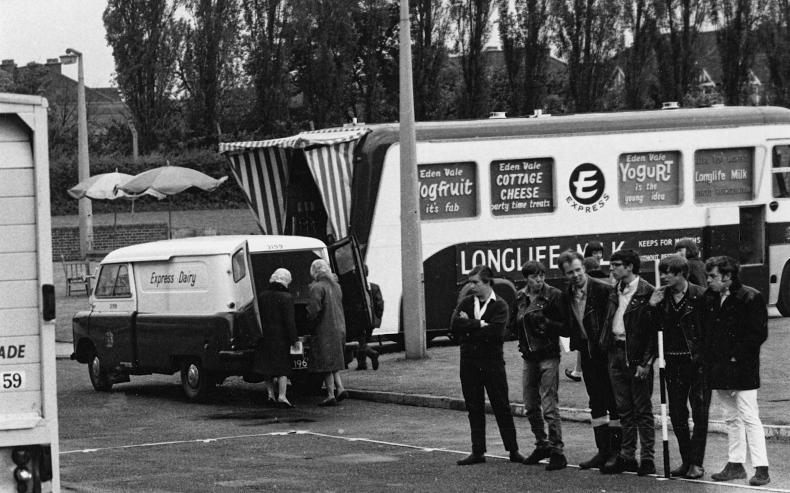1960s? Bedford Van alongside Express mobile 'Longlife Milk' trailer at driver of the year event. (Courtesy Dave Fane)