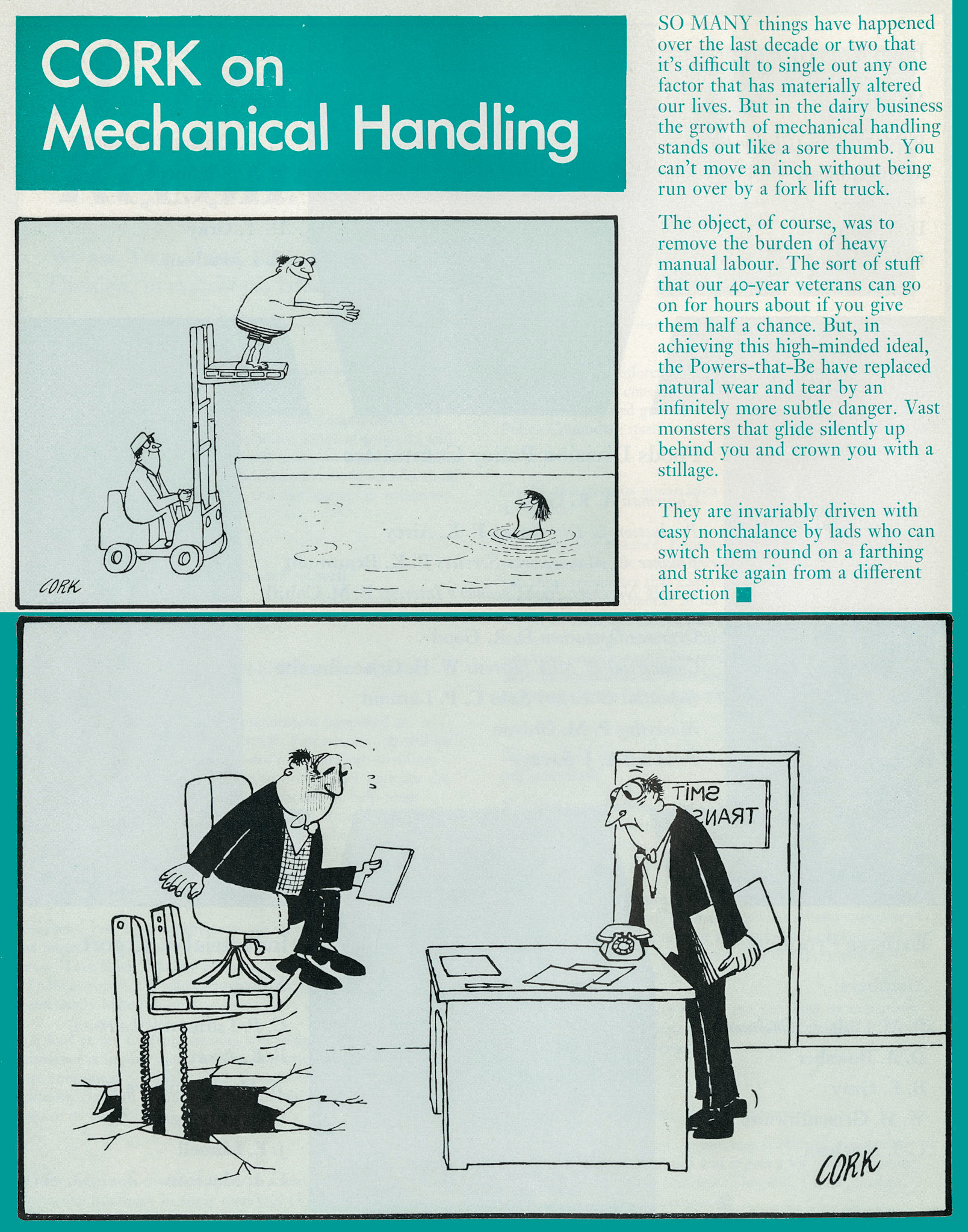 1974 Cork cartoons on the theme of mechanical handling. (Express News Autumn)