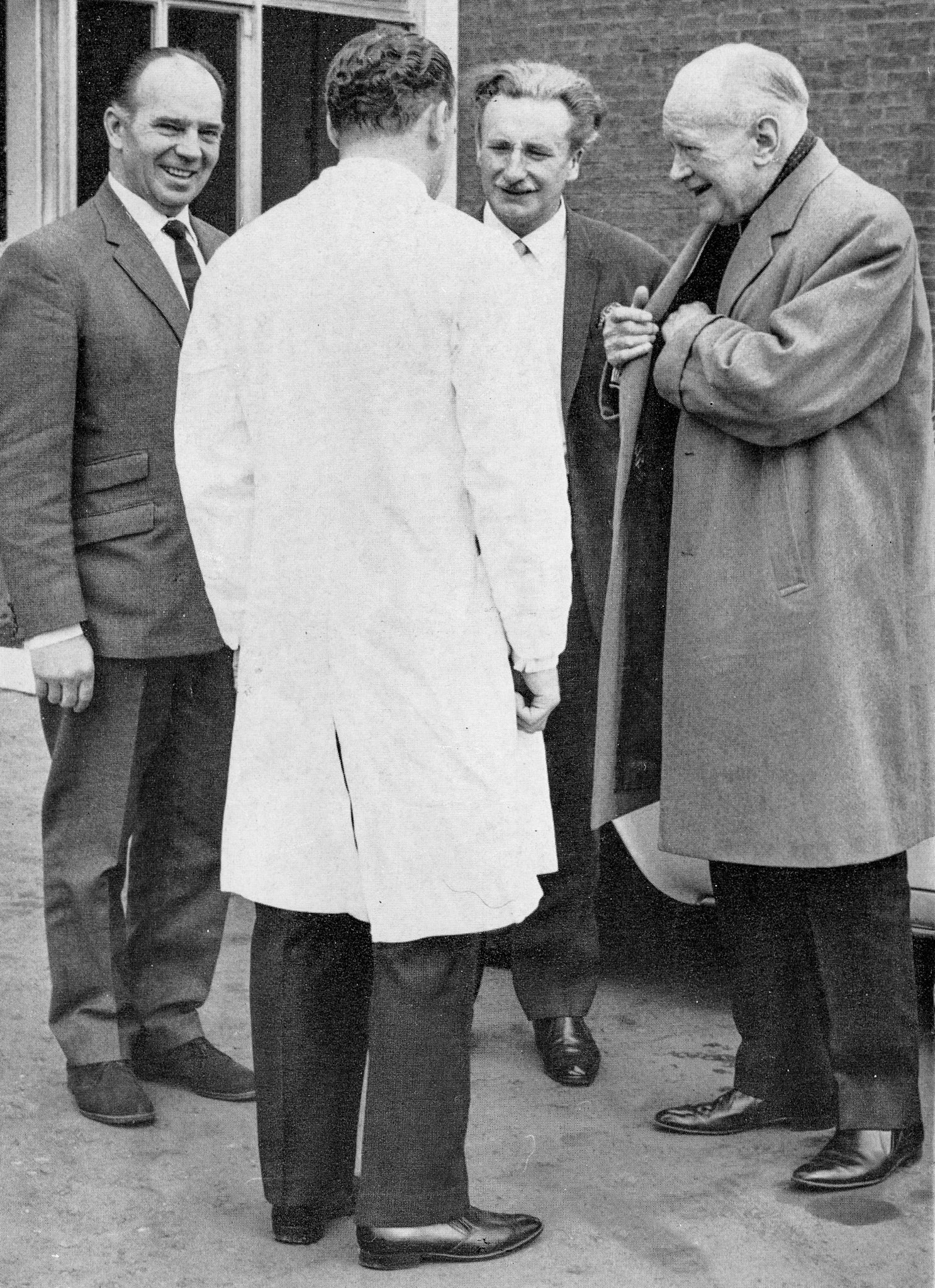 1968 Wakefield. Area Manager Harold Underwood, Depot Manager Maurice Waring and Area Director Barry Thompson greet Walter Nell. Megan Waugh comments "My Dad, Harold Underwood, on the left who later became a Director. A wonderful man who passed away at the ripe old age of 97💞" (Express News Summer)