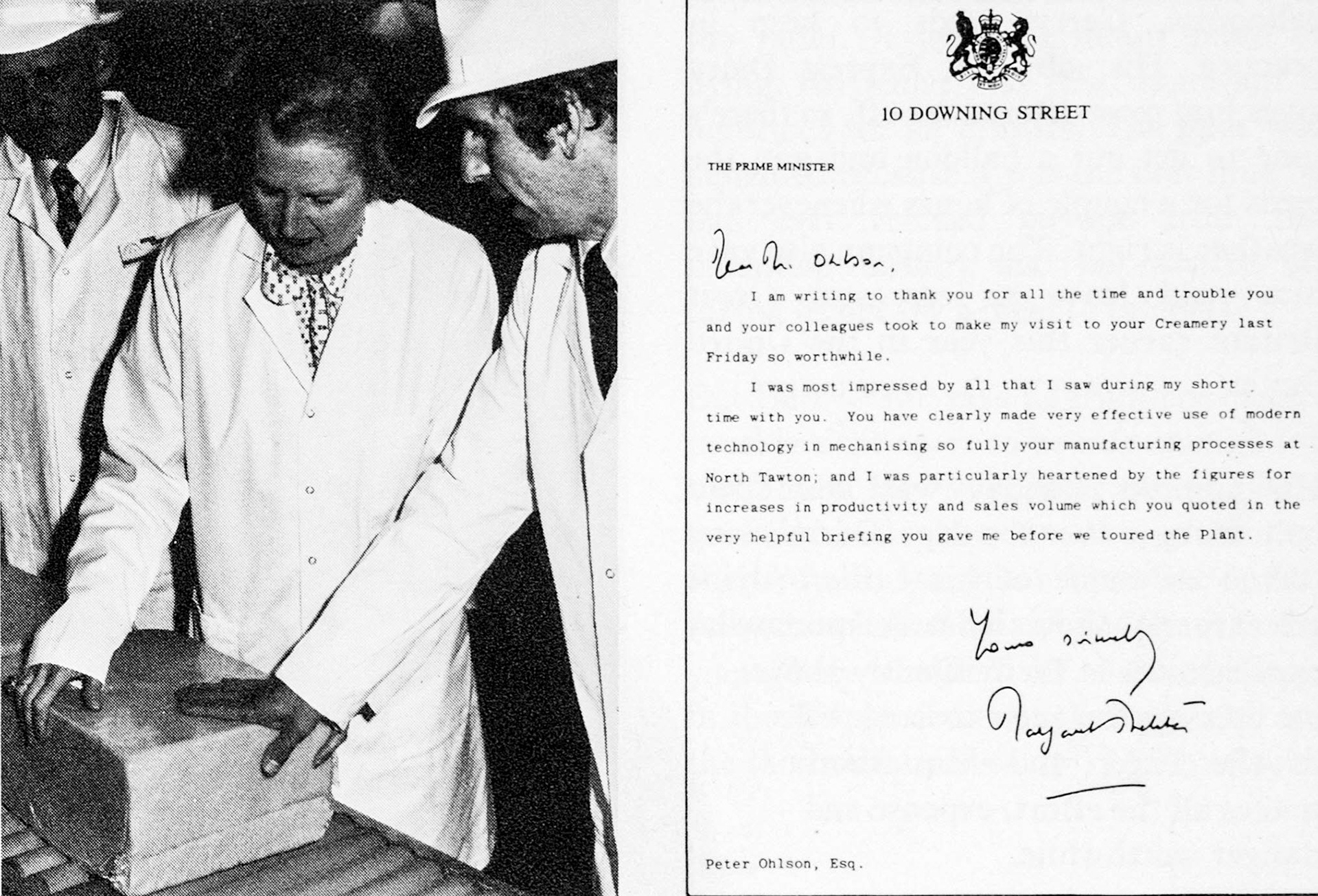 1979 Margaret Thatcher visits North Tawton on a fact-finding visit, shown here with Arthur West, North Tawton Manager, and Frank van Hoof, Manufacturing Manager, with letter to Peter Ohlson. (Express News Autumn)