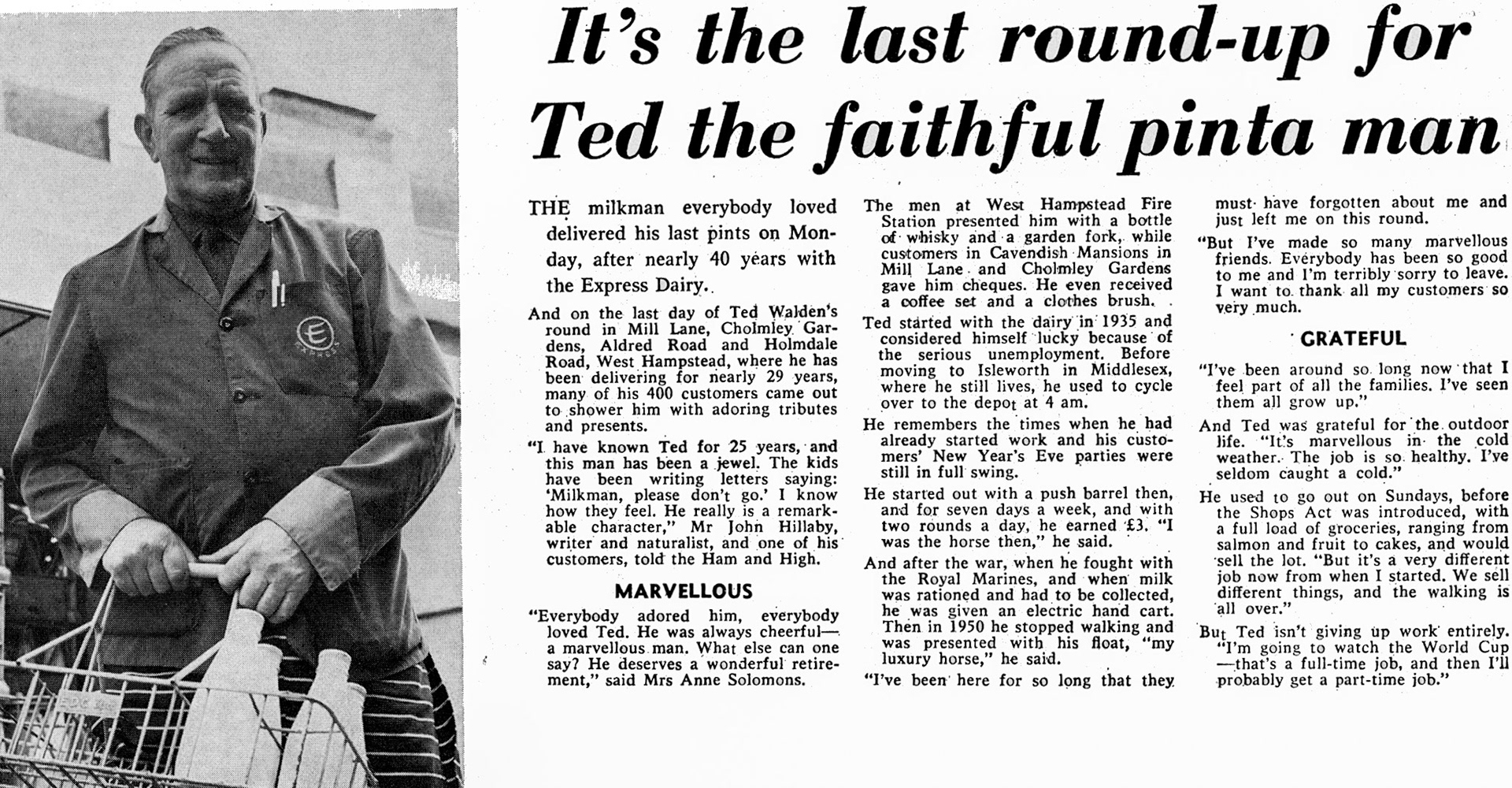 1974 West Hampstead milkman Ted Walden retires after 29 years. (Courtesy Doreen Williams)
