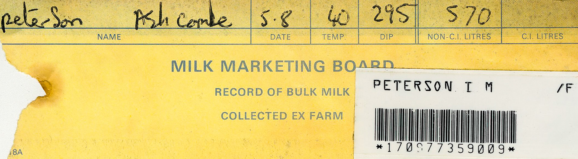 1983 Bulk Milk Collection slip, Ashcombe Farm, Wayford, Crewkerne, Somerset