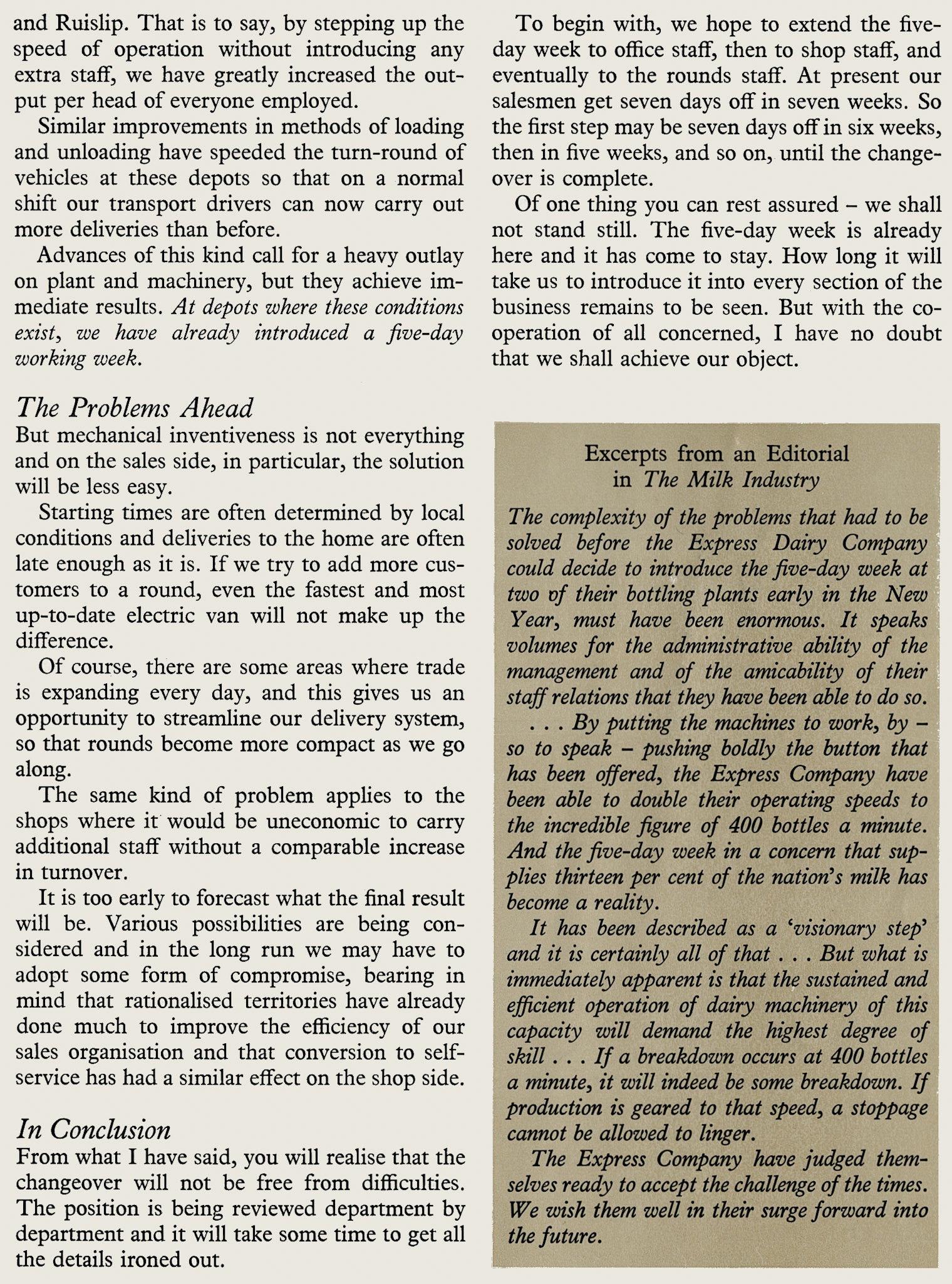 1960 W.E.D. Bell talking about a 5-day week for all - perhaps a bit premature! (Express News Spring)