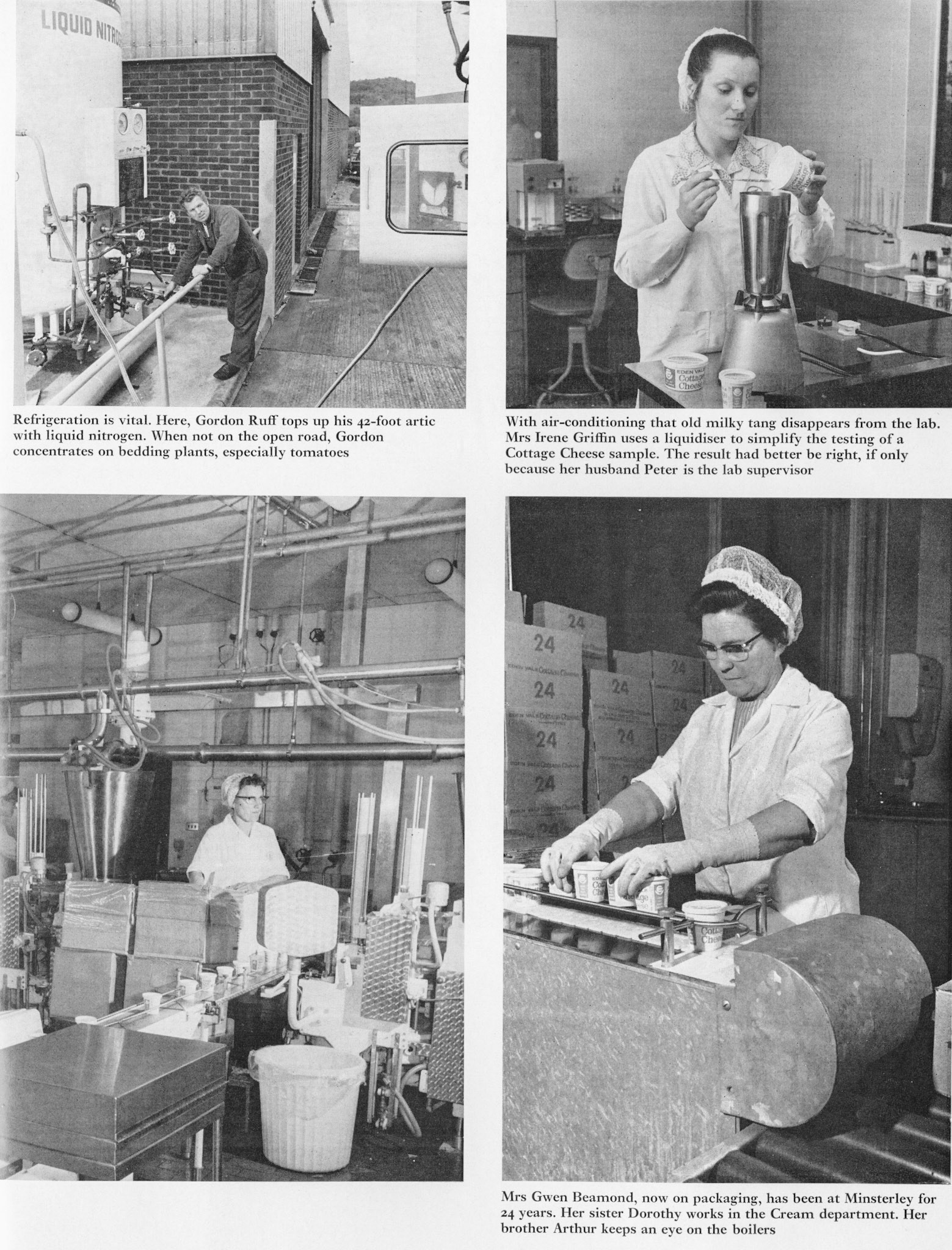 1972 New Cottage Cheese plant at Minsterley, Gordon Ruff, Irene Griffin, Gwen Beamond.