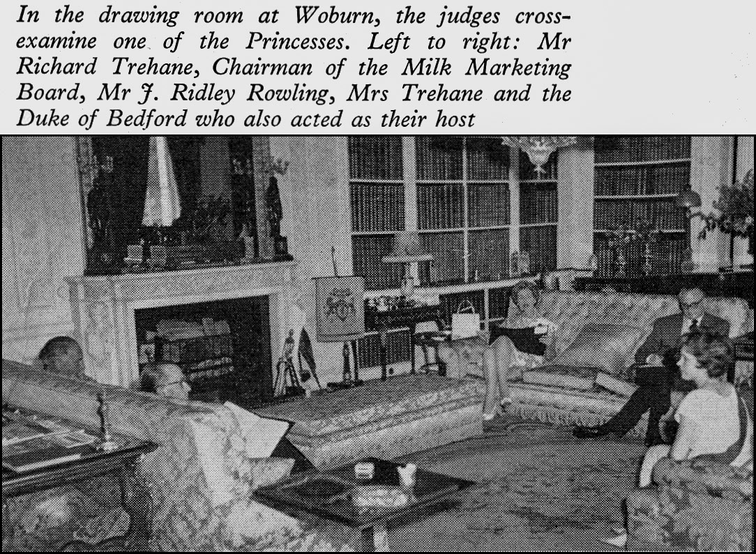 1960 Dairy Princess Marguerita Harrington from Chief Office spends the day at Woburn Abbey with Richard Trehane (MMB Chairman), Mr J. Ridley Rowling, Mrs Trehance and the Duke of Bedford. (Express News Autumn)