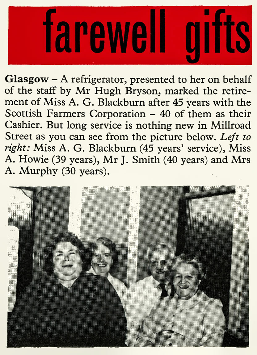 1960 Miss A.G. Blackburn retires after 45 years at Scottish Farmers, with Miss A. Howie, Mr J. Smith and Mrs A. Murphy.  (Express News Summer)