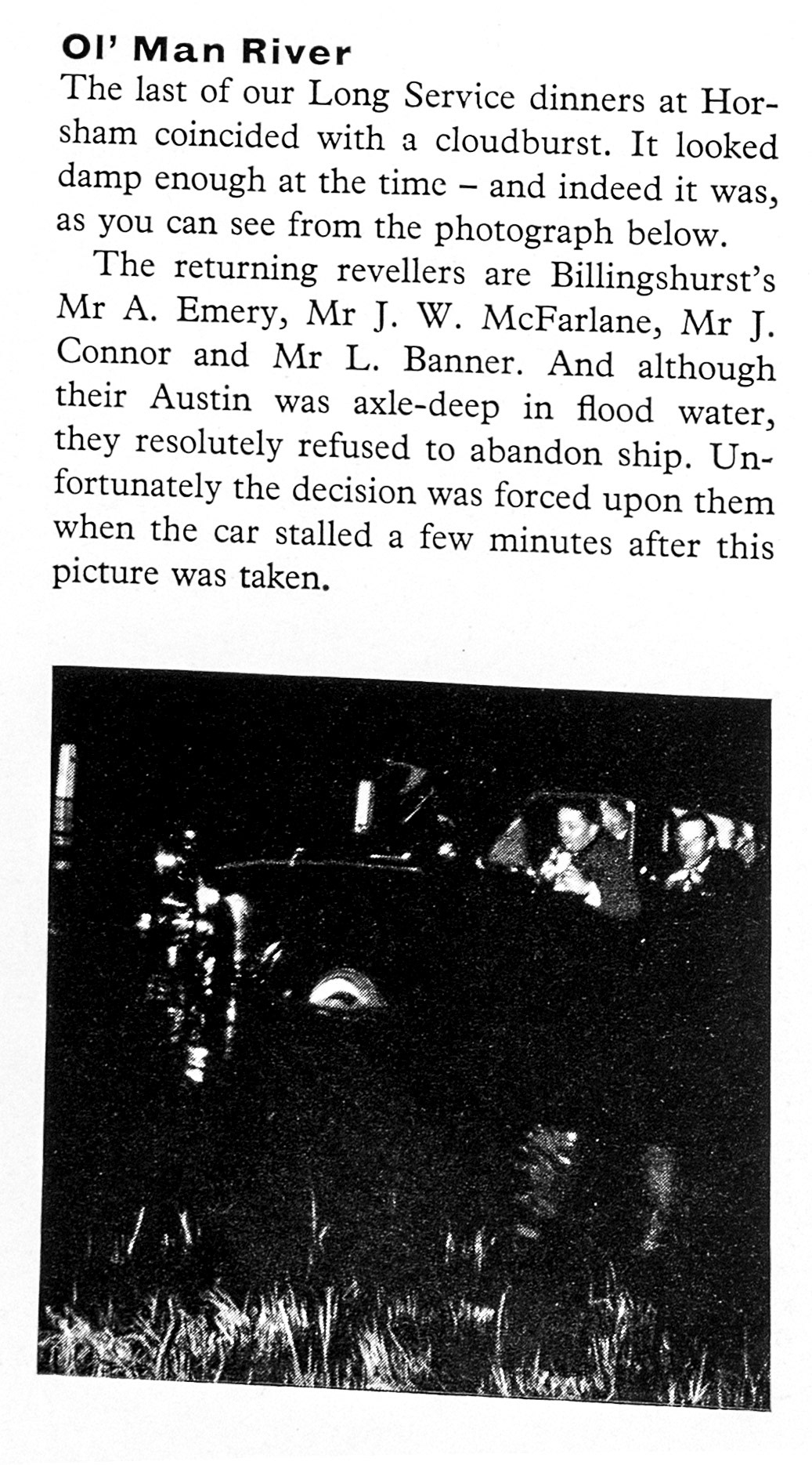 1961 Billingshurst staff returning from a long-service dinner in a cloudburst-Mr A. Emery, Mr J.W. McFarlane, Mr J. Connor and Mr L. Banner. (Express News Autumn)