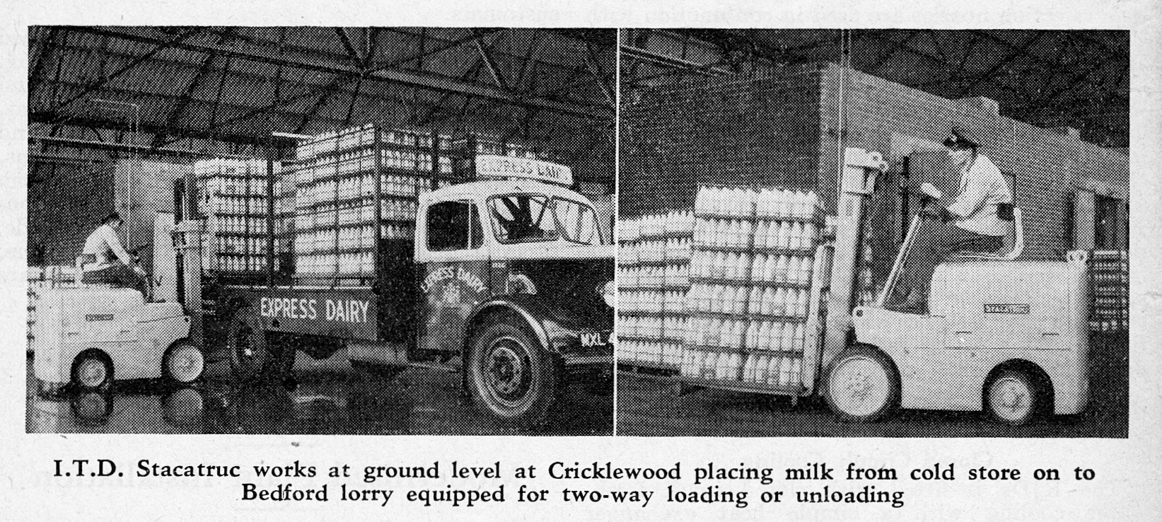 1955 Loading with fork lift truck at Cricklewood, from feature article about mechanical handling at Express (From Modern Transport July 30, courtesy Dave Fane)