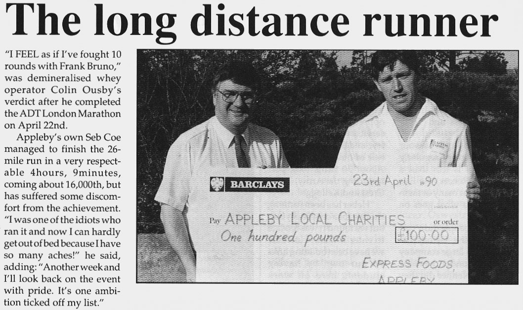 1990 Appleby's Colin Ousby presents local charities with award after competing in the London Marathon.