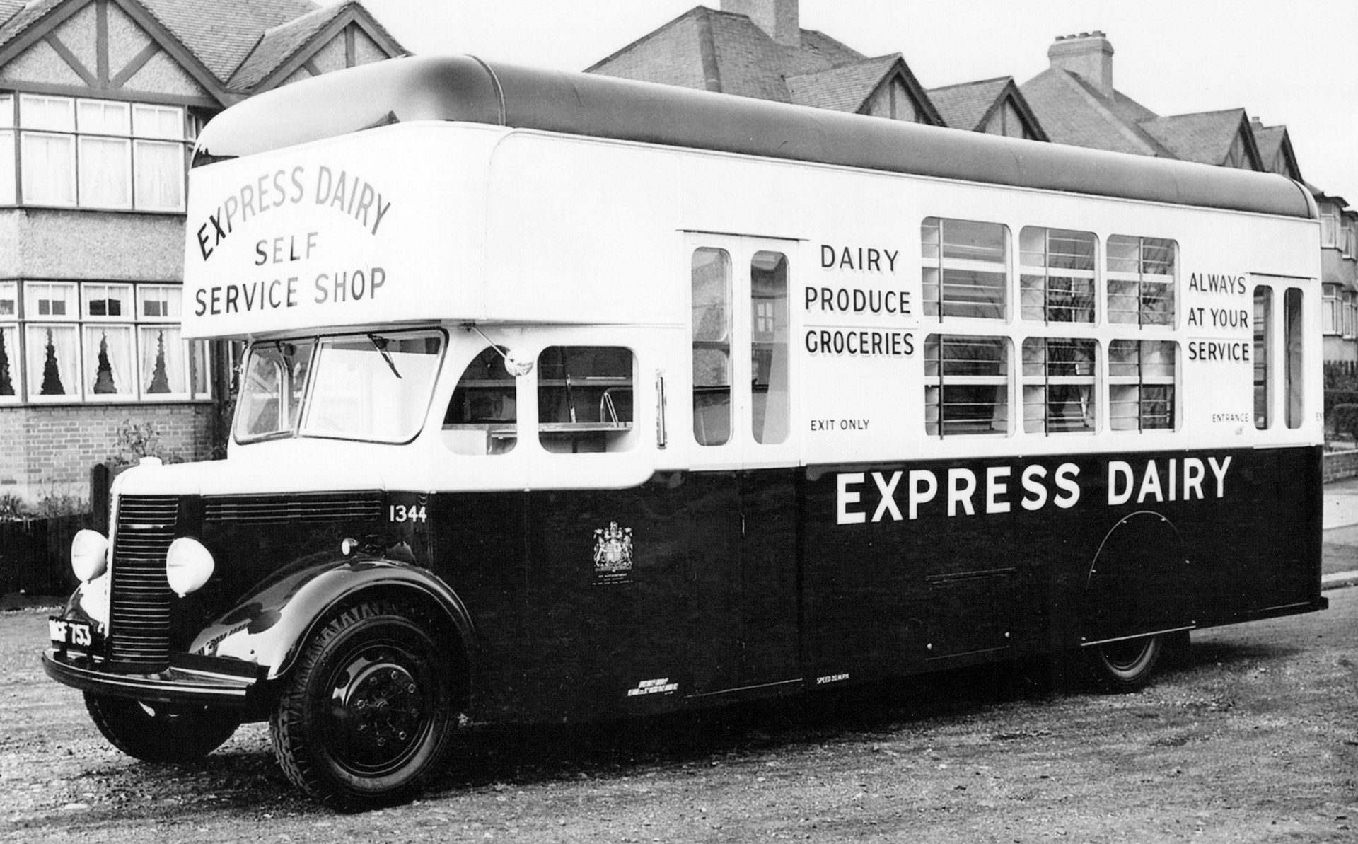 1952 Express had about 12 of these mobile shops in the 1950s. Allan Bedford commented "The ‘semi-detached’ setting is appropriate for this mobile grocery shop dating from 1952, on Bedford chassis no 0LAC241245, engine no 241716, which was supplied by Capital Motors of London, N1. The body was built by Spurlings, for an on-the-road price of £2,469. Various modifications and additions in the early days of service included partitions counters, coat hooks, shelves and a bacon bench. It only enjoyed a five-year service life, before sale to King &amp; Taylor of Godalming in September 1957, for £850. One wonders where it went next?" (Courtesy Dave Fane/ The Express Dairy Motorised Fleet, Allan Bedford, Heritage Machines)