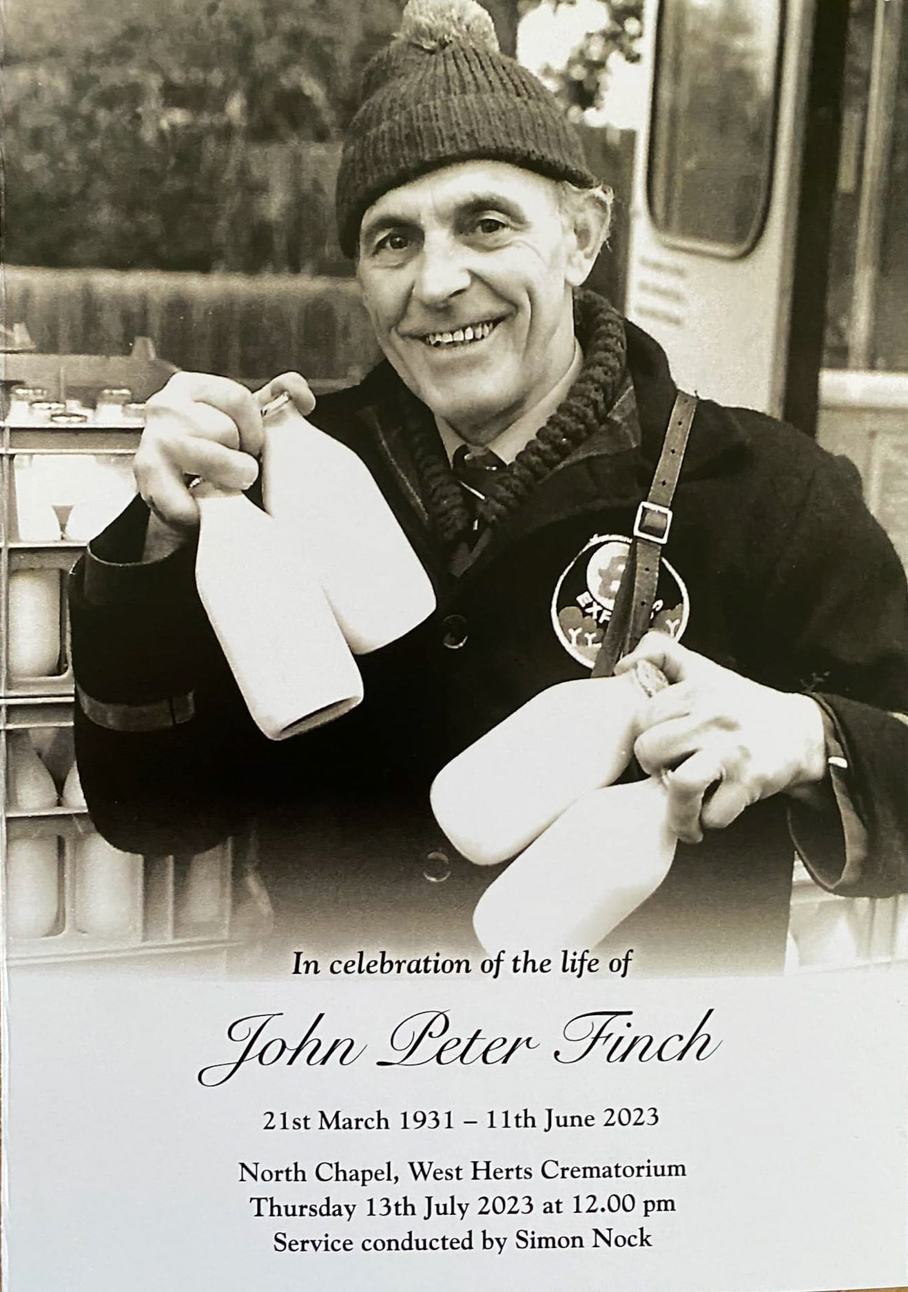 2023 Abbots Langley, remembering John Finch. John Fernando comments "Who remembers this man delivering of milk to Gallows Hill, Abbots Road, Kingsley Way... I was his milk boy in the 70s." John Ryan adds "Just said goodbye to this milk legend-Johnny Finch-he was one of the best. Good night mate, god bless we are going to miss you ❤️❤️". Karen Krzyszkowiak remembers "... him delivering to us at 95 Gallows Hill. Lovely man. We had a long, steep path down from the gate to the front door and I remember him slipping on ice one time and my Mum patching him up in our kitchen!😧." Dawn Child adds "Yes, when I lived in Gallows Hill in the 70s/80s. Such a lovely man. RIP John." Julian Knight comments "Had the pleasure of working with John between 1990 &amp; 1993 at Express Dairy in North Watford." Roland Hutchins comments "John Finch was my Godfather, R.I.P." (Courtesy John Fernando)