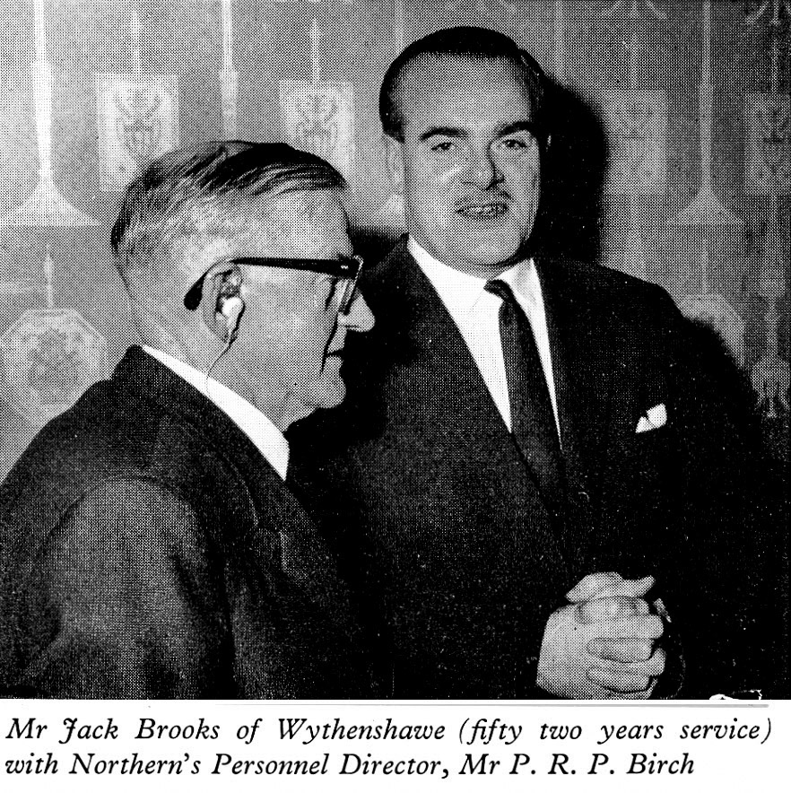 1961 Long Service Dinner at The Edinburgh Suite, Belle Vue, Manchester, Mr Jack Brooks of Wythenshawe with Mr P.R.P. Birch (Personnel Director). (LSA Annual Review)