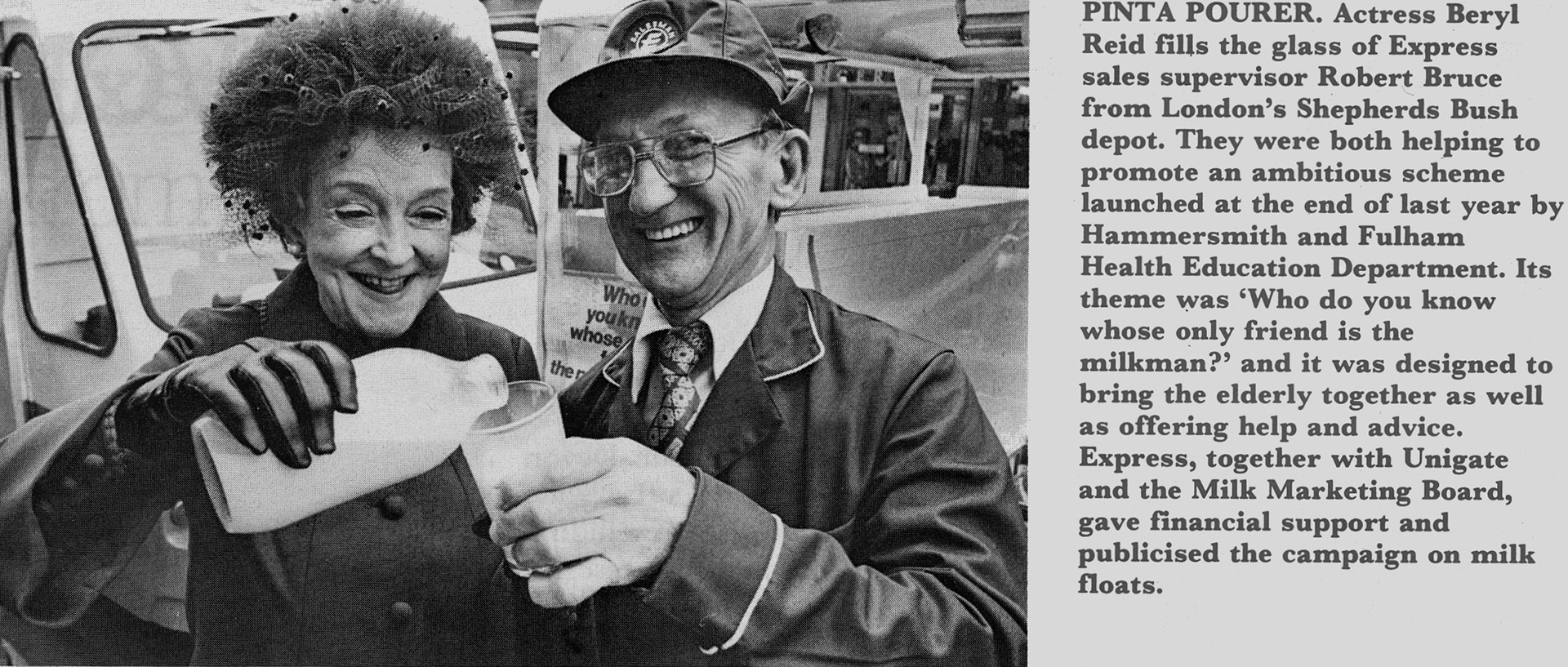 1981 Shepherds Bush Sales Supervisor Robert Bruce has his glass filled by actress Beryl Reid.  (April Express News)