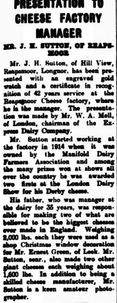 1957 Reapsmoor Creamery-cutting from the Ashbourne Telegraph, 26 April 1957. Mr John Sutton retires as manager after 42 years. Note: 'WA Mell', mentioned in the first paragraph should be ‘W A Bell’ (Courtesy Alan Salt)