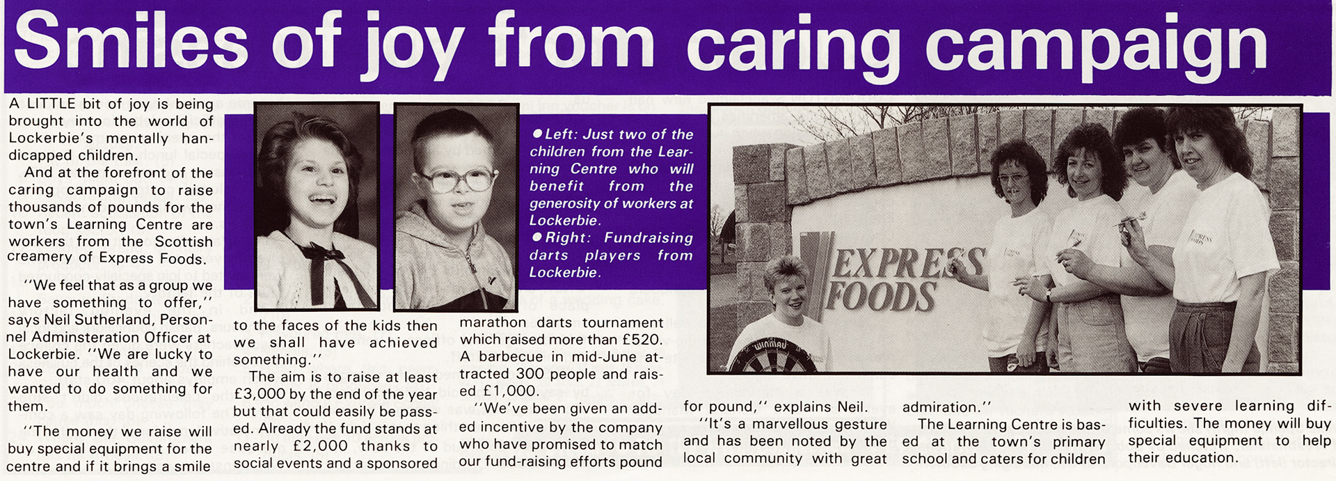 1989 Lockerbie raises funds for town Learning Centre. 'Lockerbie Past and Present' comments: "I know all of these ladies and still occasionally bump into them. Three of them worked for me in the labs and actually went on to work in the care sector. Sadly Helen second from the right passed away about a year ago in a care home where she was a resident. Coincidentally my daughter was one of her carers. Brenda second from the left works alongside my daughter in that same care home. Margo first on the left was lab supervisor for me and now has a mobile dog grooming business."