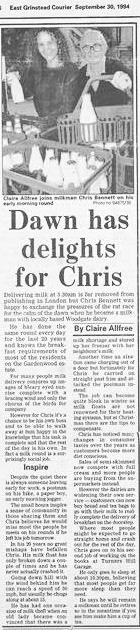 1995 Stephen Bennett Troake comments "My Dad was a milkman for Woodgate from the end of the 60's to when he passed away in 1996. Here's a clipping from the local paper about him." (Courtesy Stephen Bennett Troake, Memories of Woodgate Farms Dairy)