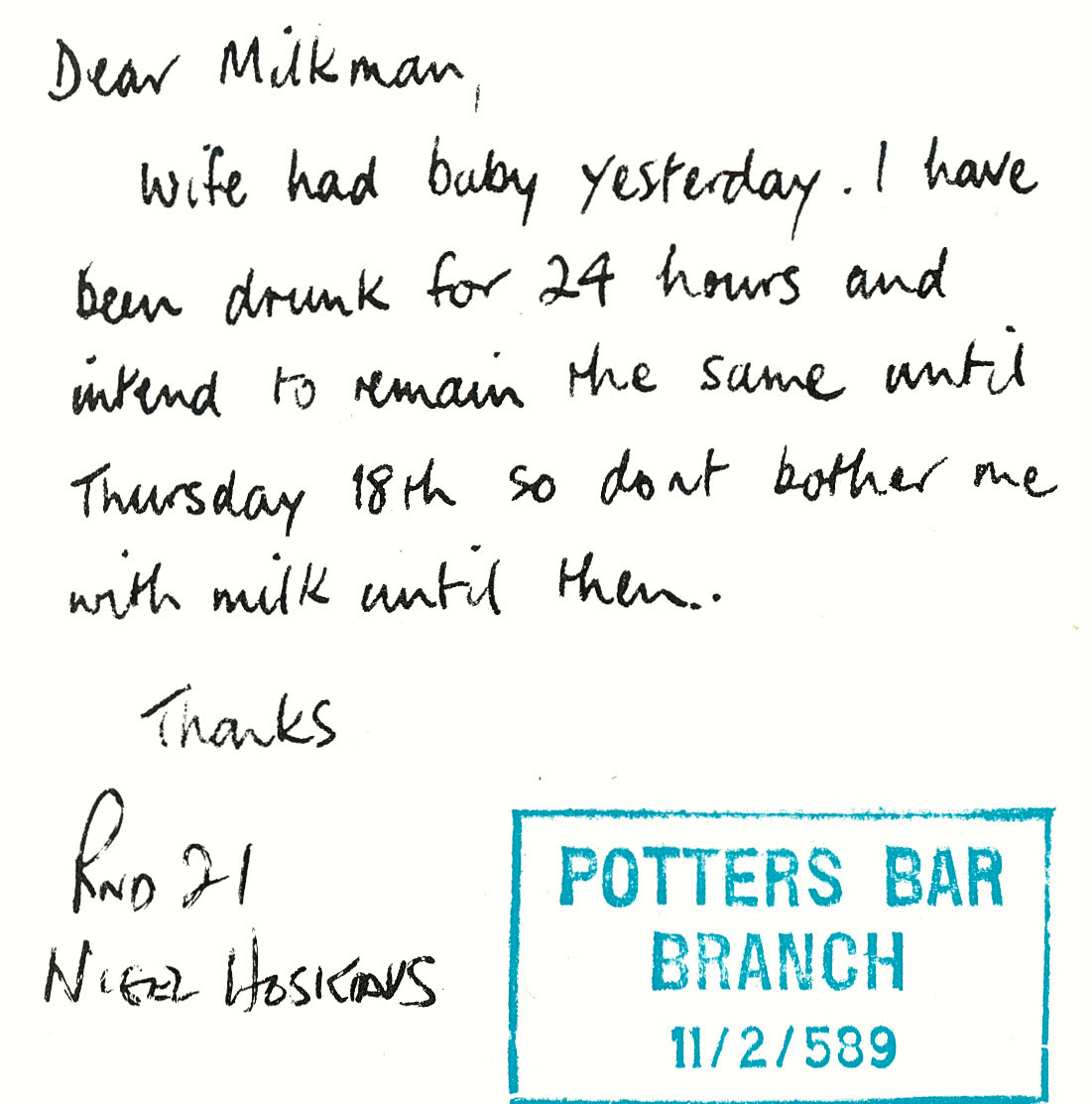 1977 Customer note sent in by Nigel Hoskins of Potters Bar. (Express News Autumn)
