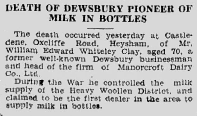 1939 Founder of Manorcroft Dairy, William Clay dies aged 70. (Courtesy of THE BRITISH LIBRARY BOARD)