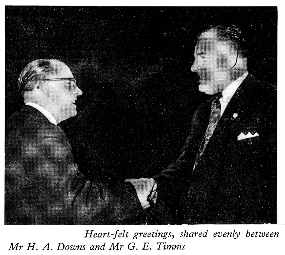 1961 Long Service Dinner at The Grosvenor Rooms, Mr H.A. Downs (Bishopsgate) and Mr G.E. Timms (Chief Office). (LSA Annual Review)
