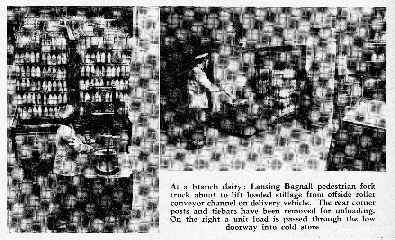 1955 Unloading at retail depot using Lansing Bagnall pedestrian fork truck, from feature article about mechanical handling at Express (From Modern Transport July 30, courtesy Dave Fane)