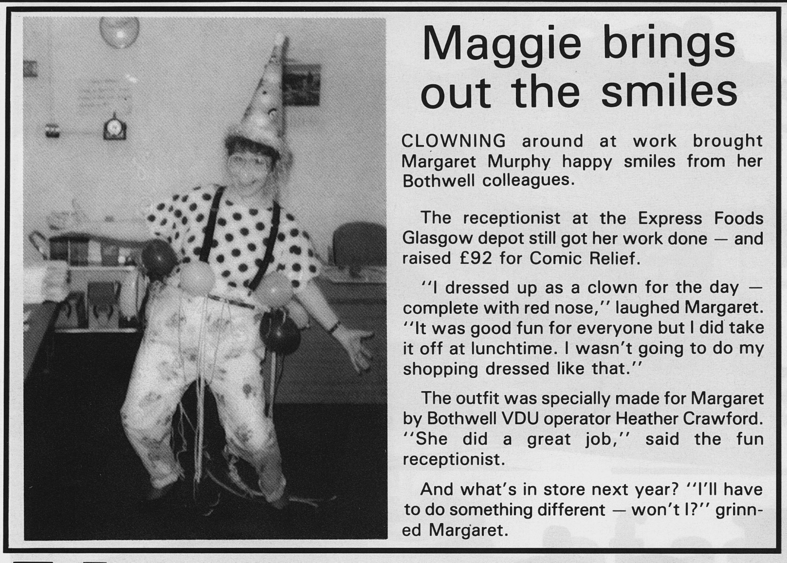 1989  Bothwell Depot raise funds for Comic Relief - Express Foods News (Courtesy Beryl Purslove)