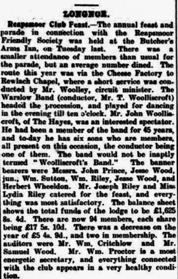 1914 Alan comments "This report re Reapsmoor Friendly Society mentions Mr Sutton and Mr Wooley, names closely related to the Cheese factory's history .(Courtesy Alan Salt, Ashbourne News Telegraph 19 June)
