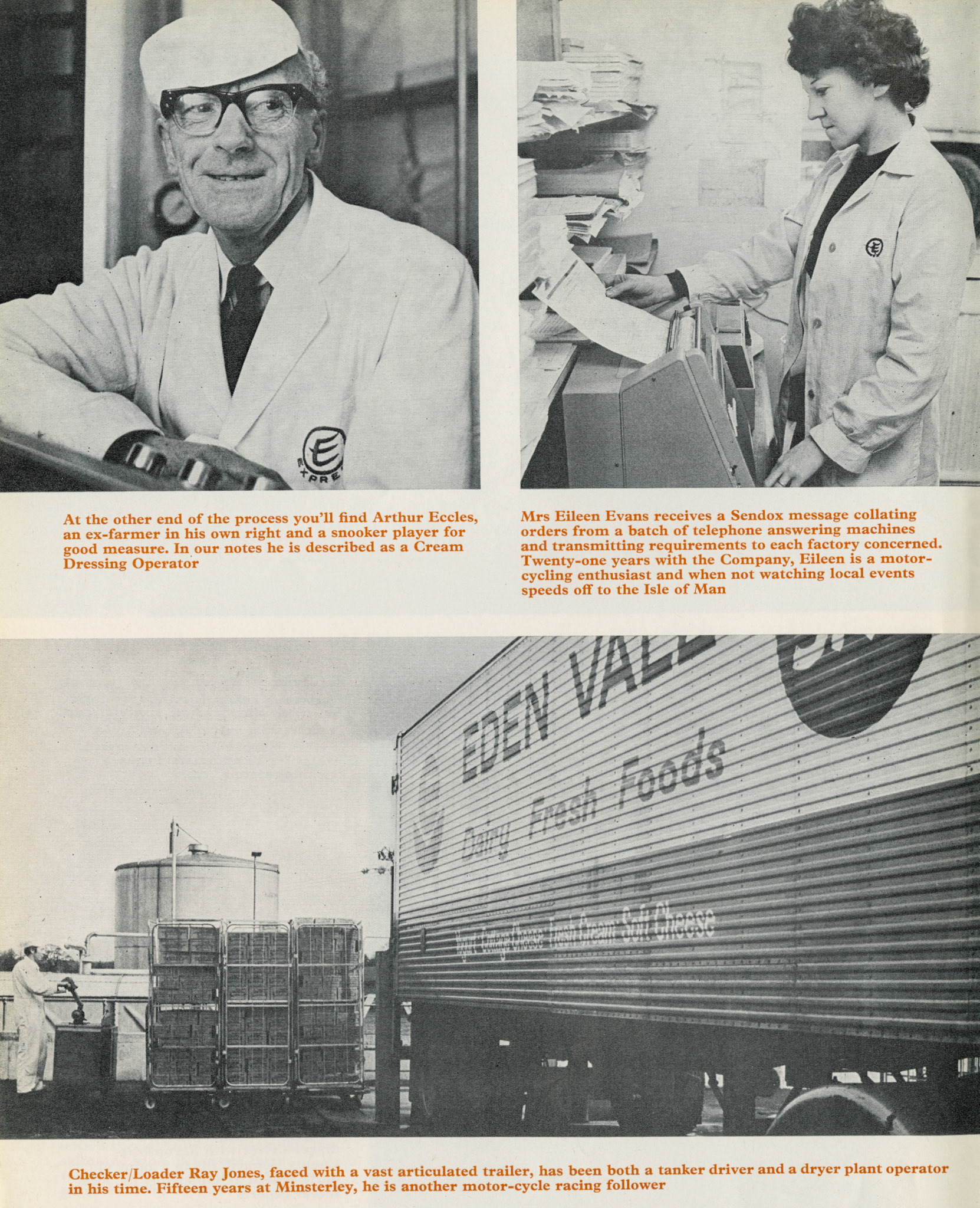 1975 Minsterley Cottage Cheese operation with Arthur Eccles (Cream Dressing Operator) and Eileen Evans and Checker Ray Jones below.