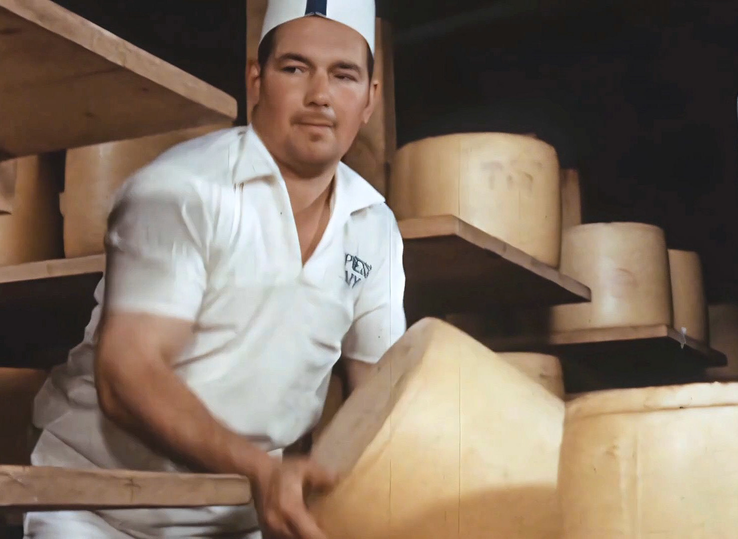 1960's Milborne-Mike Prior. Veronica Hoskins, Colin Way and Tracy Palmer “Fond memories of Mike” recognise Mike Prior. Nick Prior adds “That’s my uncle Mike”. (Still from 'The Art of English Cheesemaking' video)