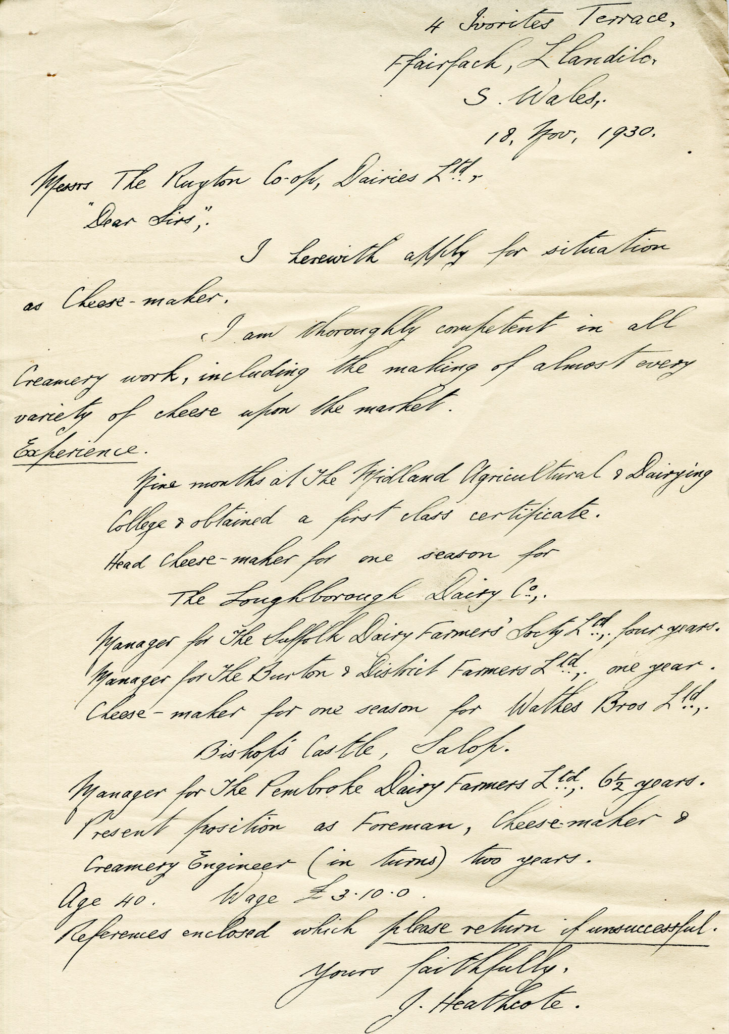 1930 Ruyton Co-operative Dairies-Cheesemaker Job Applications-Mr James Heathcote