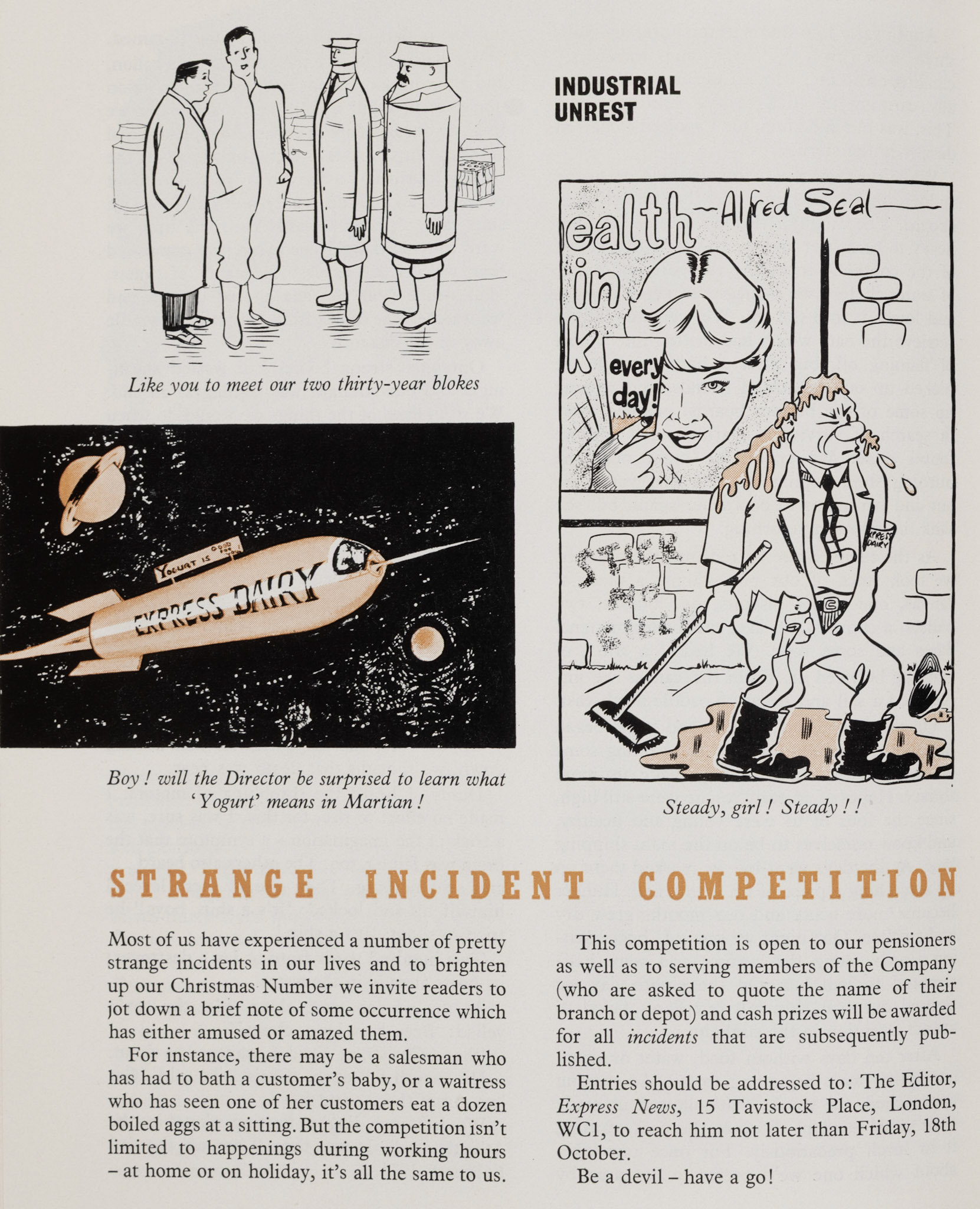 1957 'Strange Incident' competition with cartoons. (Express News Autumn)