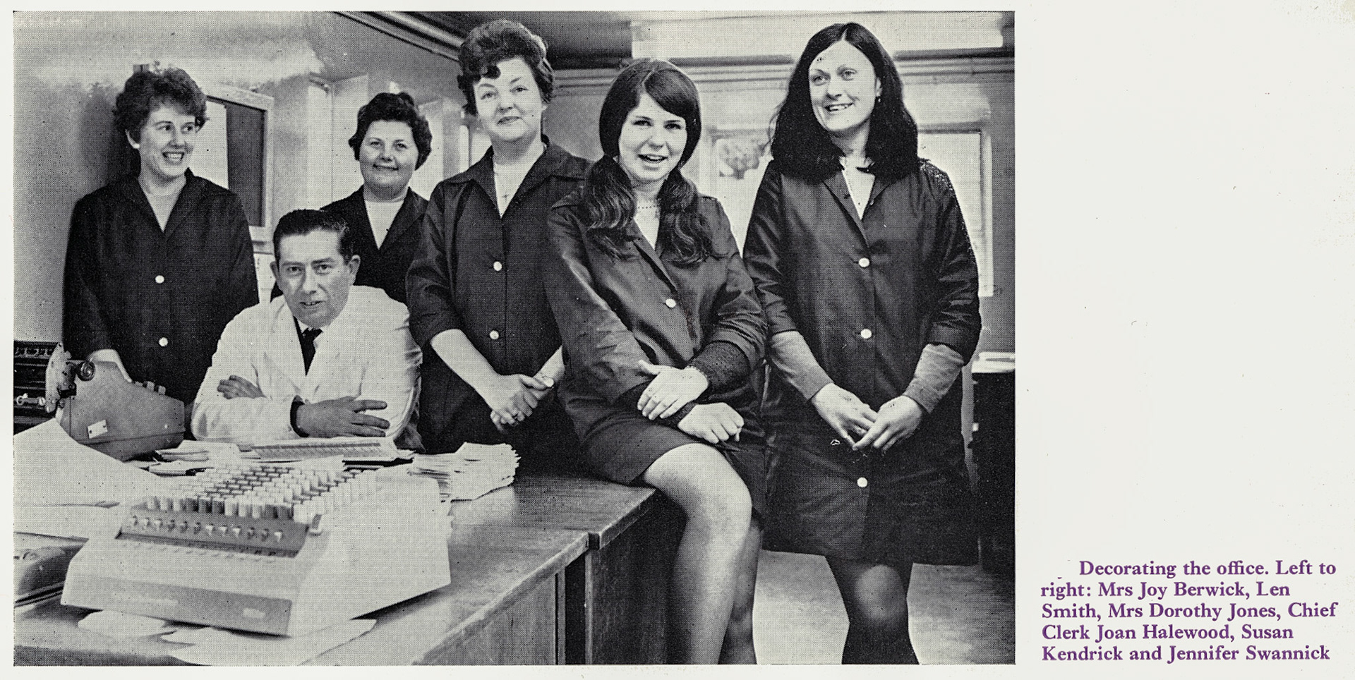 1970 Whittington-Mrs Joy Berwick, Len Smith, Mrs Dorothy Jones, Chief Clerk Joan Halewood, Susan Kendrick and Jennifer Swannick. (Courtesy Doreen Williams)